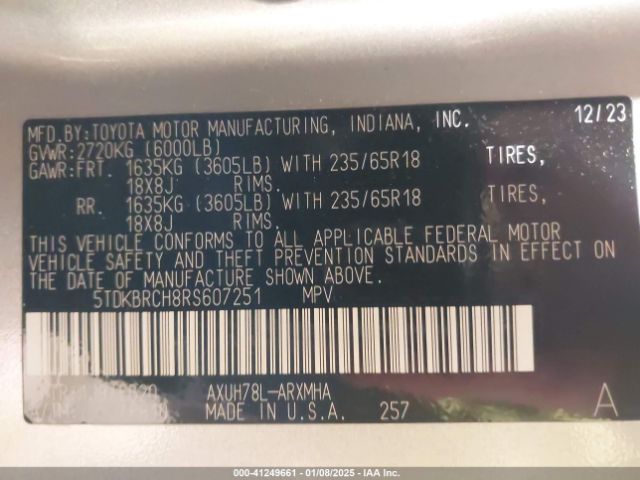 5TDKBRCH8RS607251 Toyota Highlander Hybrid Xle