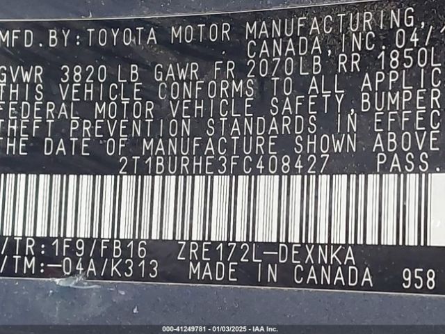 2T1BURHE3FC408427 Toyota COROLLA LE