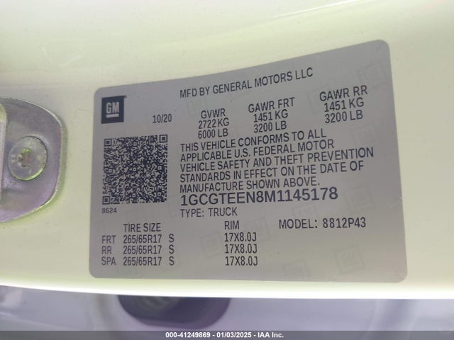 Aukcja sprzedaży 2021 Chevrolet Colorado 4wd  Short Box Zr2, vin: 1GCGTEEN8M1145178, numer aukcji: 41249869