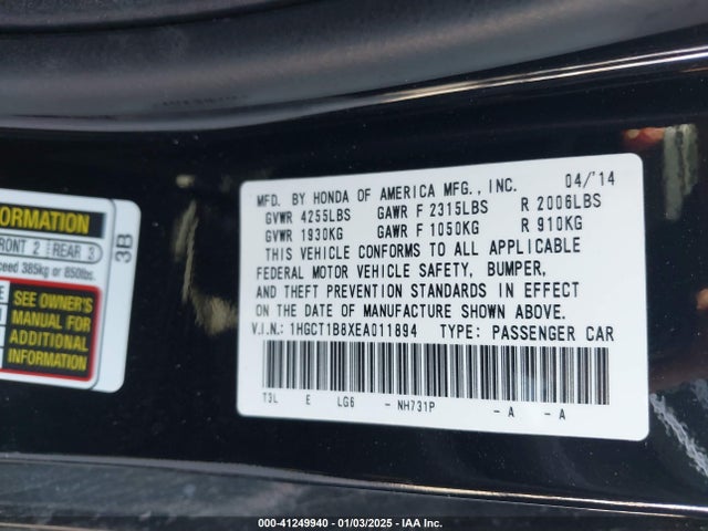 Honda Accord Ex-l 2014 1HGCT1B8XEA011894 Image 9