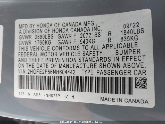 2HGFE2F56NH604442 Honda Civic Sport