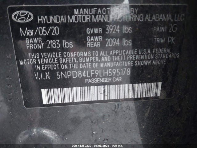 5NPD84LF9LH595178 Hyundai ELANTRA SEL
