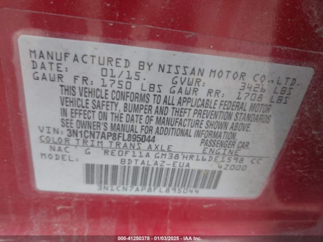 3N1CN7AP8FL895044 Nissan Versa 1.6 S+