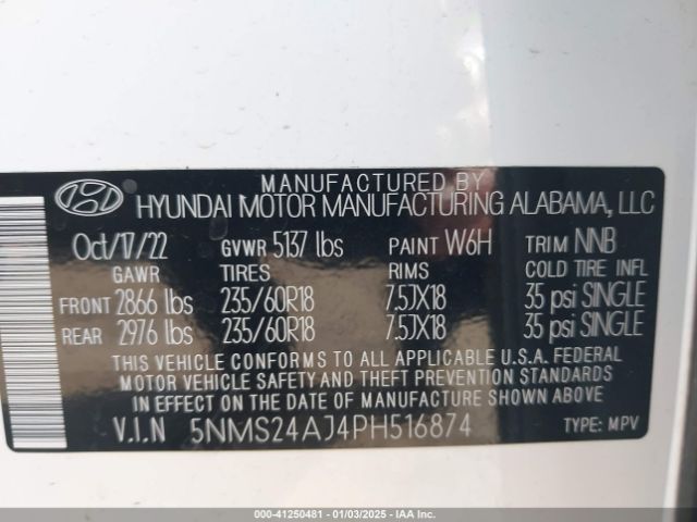 5NMS24AJ4PH516874 Hyundai Santa Fe Sel