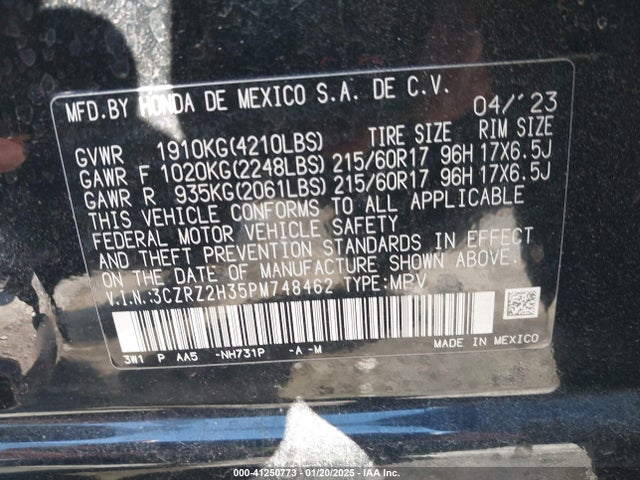 3CZRZ2H35PM748462 Honda Hr-v Awd Lx