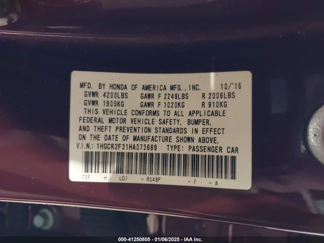 Honda ACCORD LX 2017 1HGCR2F31HA073689 Image 9