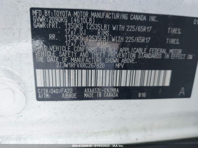 2T3W1RFVXRC267820 Toyota Rav4 Xle