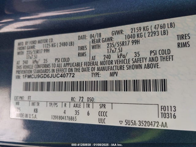Ford ESCAPE SE 2018 1FMCU9GD6JUC40772 Image 9