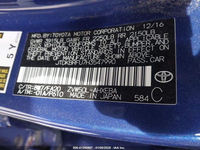JTDKBRFU7H3547990 Toyota Prius Two