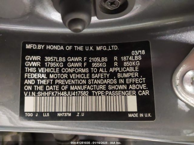 SHHFK7H48JU417582 Honda Civic Sport