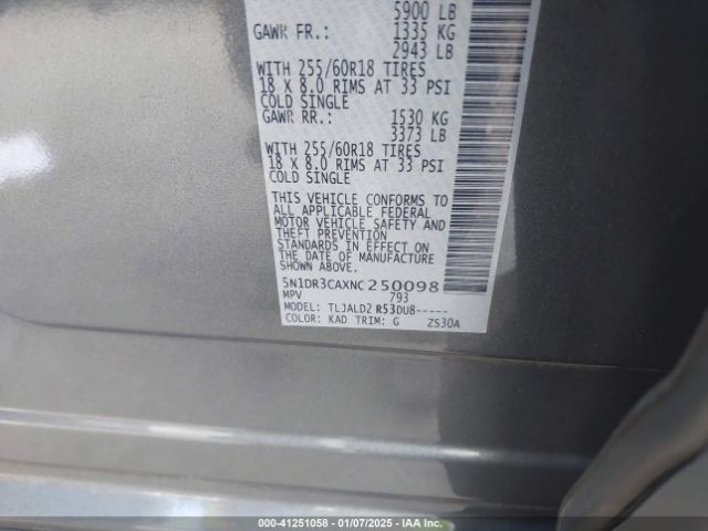 5N1DR3CAXNC250098 Nissan Pathfinder Sl 2wd