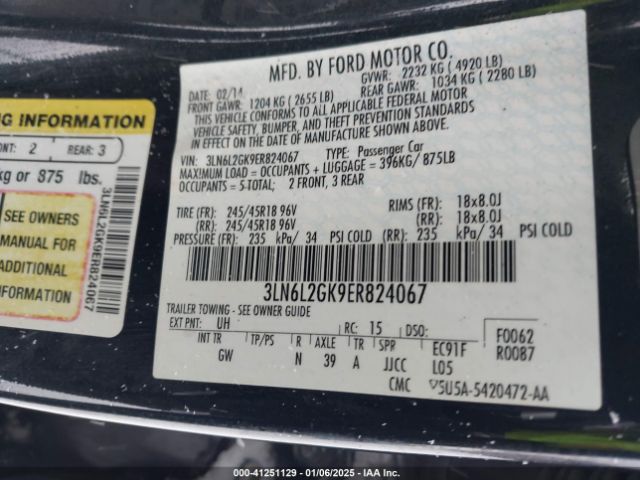 3LN6L2GK9ER824067 Lincoln MKZ