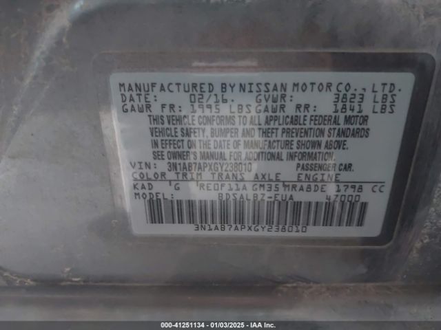 3N1AB7APXGY238010 Nissan SENTRA S