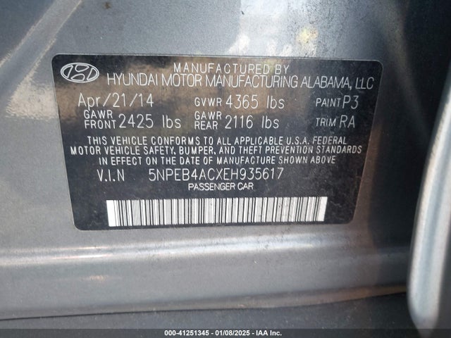 5NPEB4ACXEH935617 Hyundai SONATA GLS