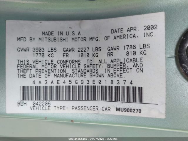 2003 MITSUBISHI ECLIPSE SPYDER 4A3AE45G93E018374 Photo 8