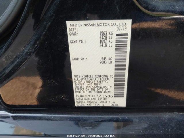Nissan Altima 2.5 Sr 2019 1N4BL4CV1KN321586 Image 9