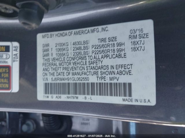 5J6RM4H91GL062550 Honda Cr-v Touring