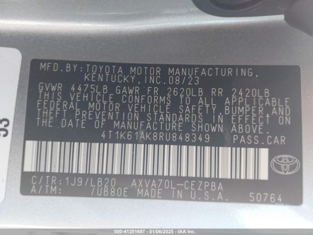4T1K61AK8RU848349 Toyota CAMRY XSE