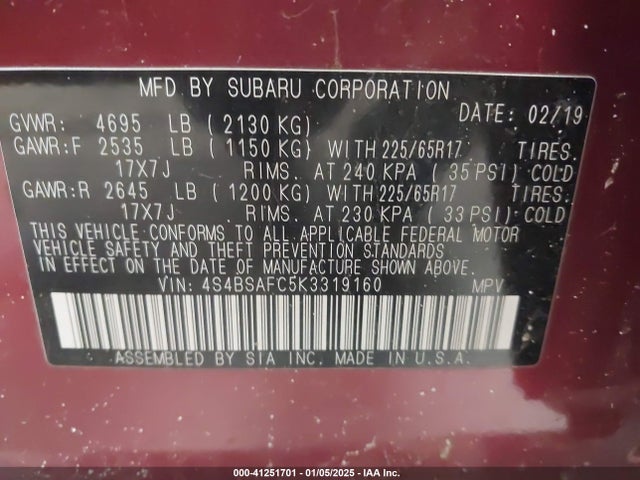4S4BSAFC5K3319160 Subaru Outback 2.5i Premium