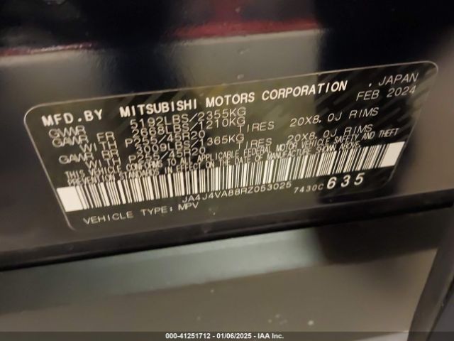 JA4J4VA88RZ053025 Mitsubishi Outlander Se 2.5 S-awc/se Black Edition S-awc/se Black Edition W/pano Roof S-awc/se Ralliart S-awc