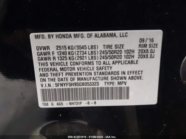 5FNYF5H95GB053323 Honda Pilot Touring