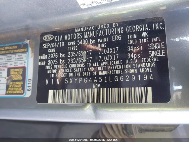 5XYPG4A51LG629194 KIA Sorento 3.3l Lx