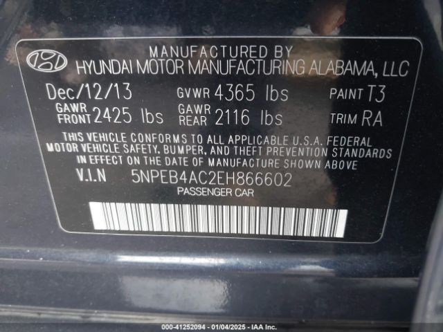 5NPEB4AC2EH866602 Hyundai SONATA GLS