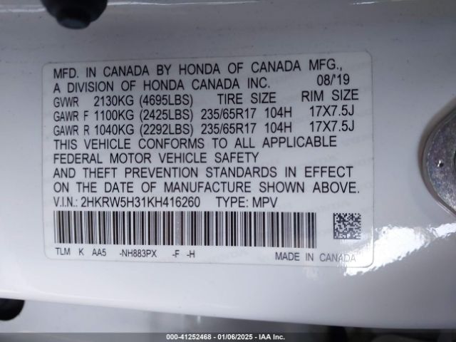 2HKRW5H31KH416260 Honda CR-V LX