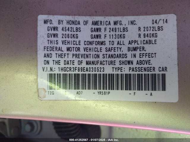 1HGCR3F89EA030523 Honda Accord Ex-l V-6