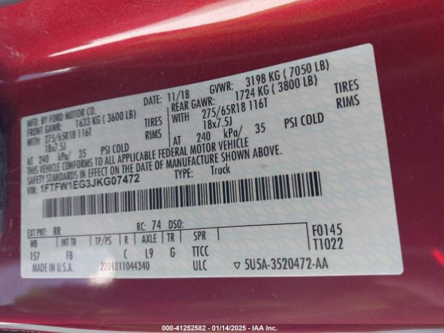 1FTFW1EG3JKG07472 Ford F-150 Xlt