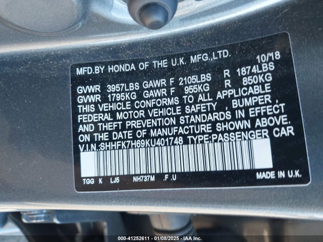 SHHFK7H69KU401748 Honda CIVIC EX