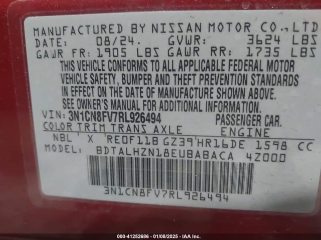 Nissan Versa 1.6 Sr 2024 3N1CN8FV7RL926494 Image 9