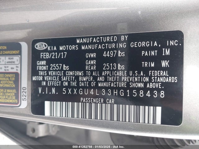 41252788 :رقم المزاد ، 5XXGU4L33HG158438 vin ، 2017 Kia Optima Ex مزاد بيع