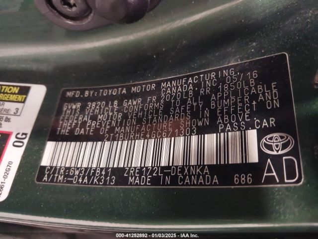 2T1BURHE4GC671303 Toyota COROLLA LE