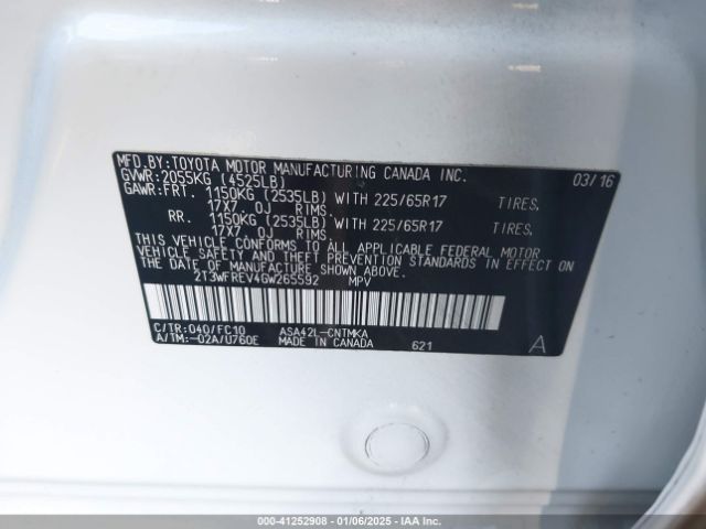 2T3WFREV4GW265592 Toyota Rav4 Xle