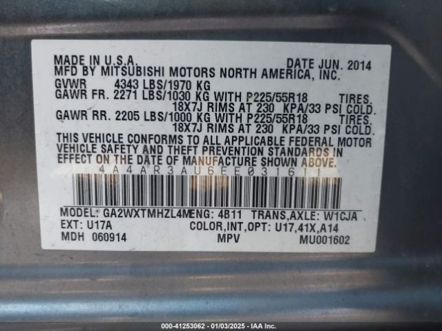 4A4AR3AU6EE031611 Mitsubishi Outlander Sport Es