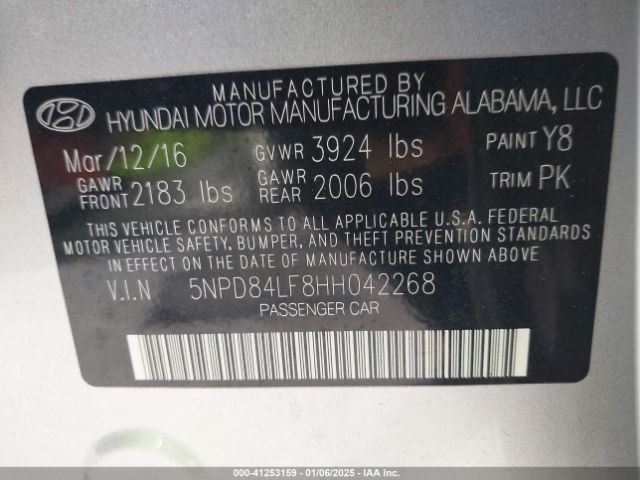 5NPD84LF8HH042268 Hyundai ELANTRA SE