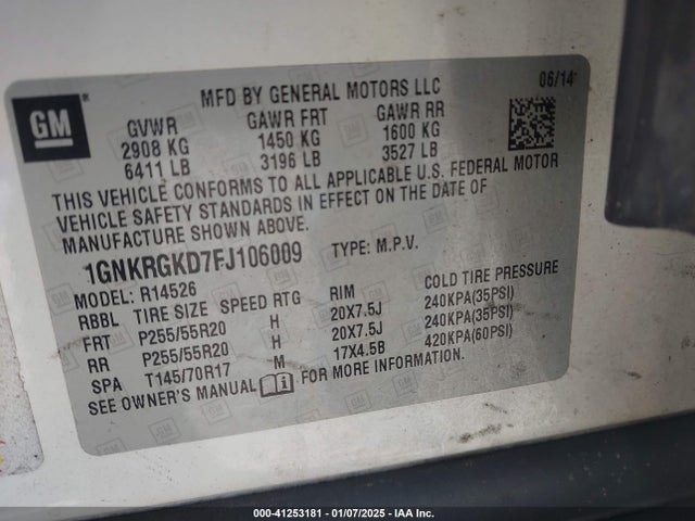 Chevrolet Traverse 1lt 2015 1GNKRGKD7FJ106009 Image 9