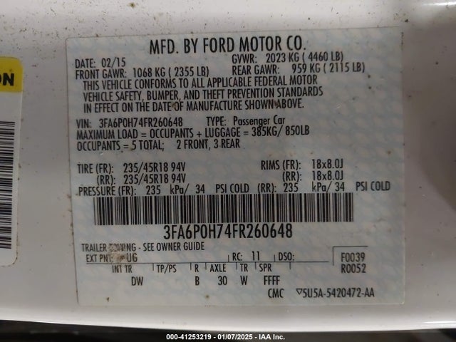 Ford FUSION SE 2015 3FA6P0H74FR260648 Image 9
