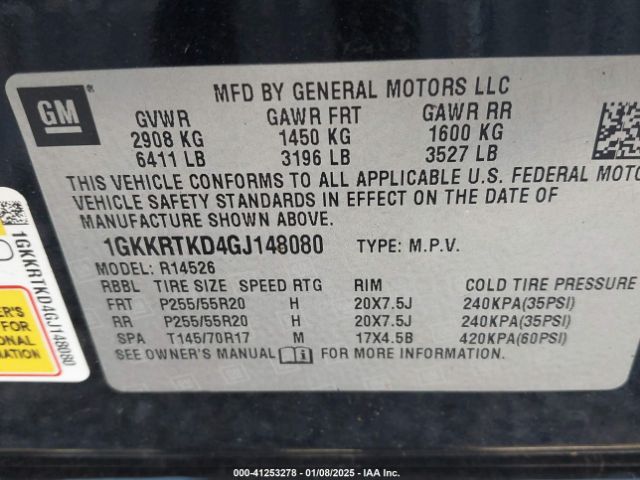 1GKKRTKD4GJ148080 GMC llt - sidi, alum, 60 degrees