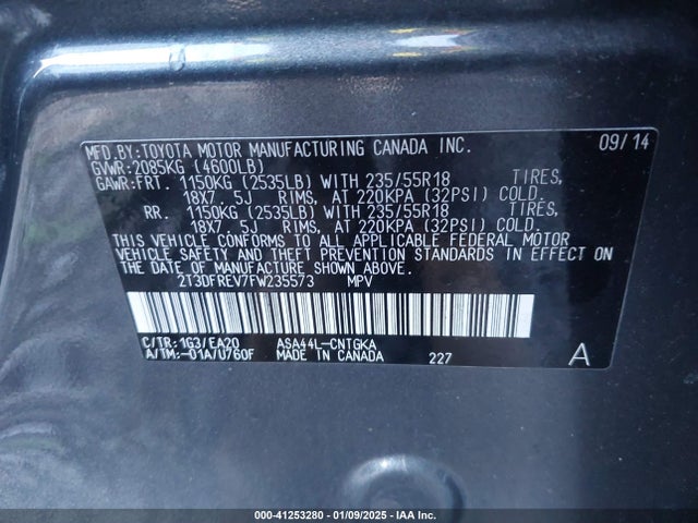 Toyota Rav4 Limited 2015 2T3DFREV7FW235573 Image 9