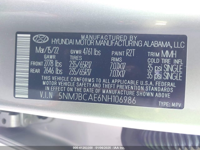5NMJBCAE6NH106986 Hyundai TUCSON SEL