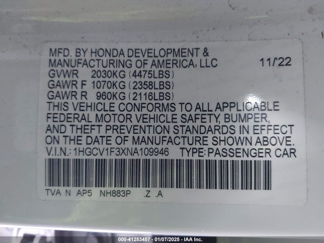 1HGCV1F3XNA109946 Honda Accord Sport