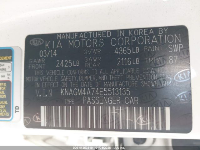 KNAGM4A74E5513135 KIA Optima Lx