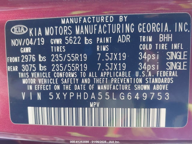 5XYPHDA55LG649753 KIA Sorento 3.3l Ex
