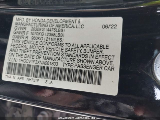 1HGCV1F3XNA061803 Honda Accord Sport