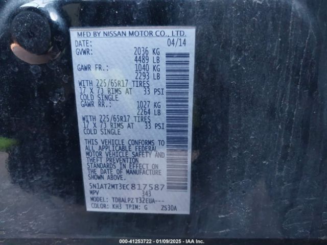 5N1AT2MT3EC817587 Nissan Rogue S/sl/sv