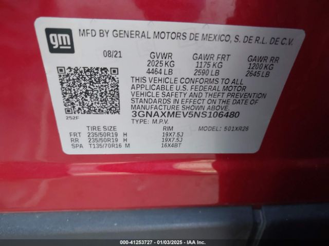 3GNAXMEV5NS106480 Chevrolet Equinox Fwd Rs