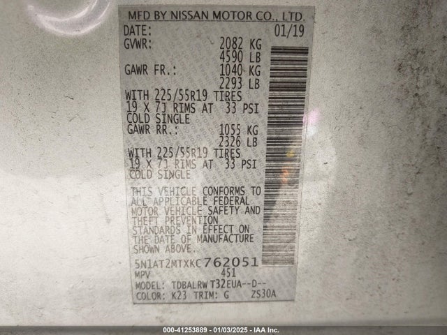 5N1AT2MTXKC762051 Nissan Rogue Sl