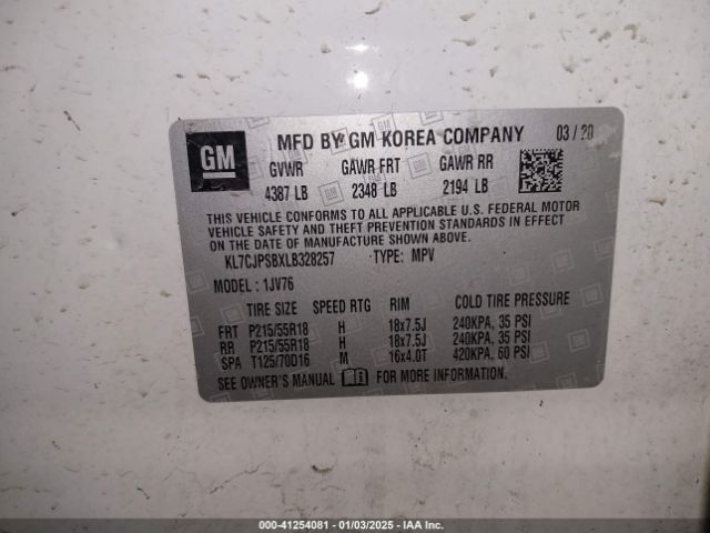 KL7CJPSBXLB328257 Chevrolet Trax Awd Lt